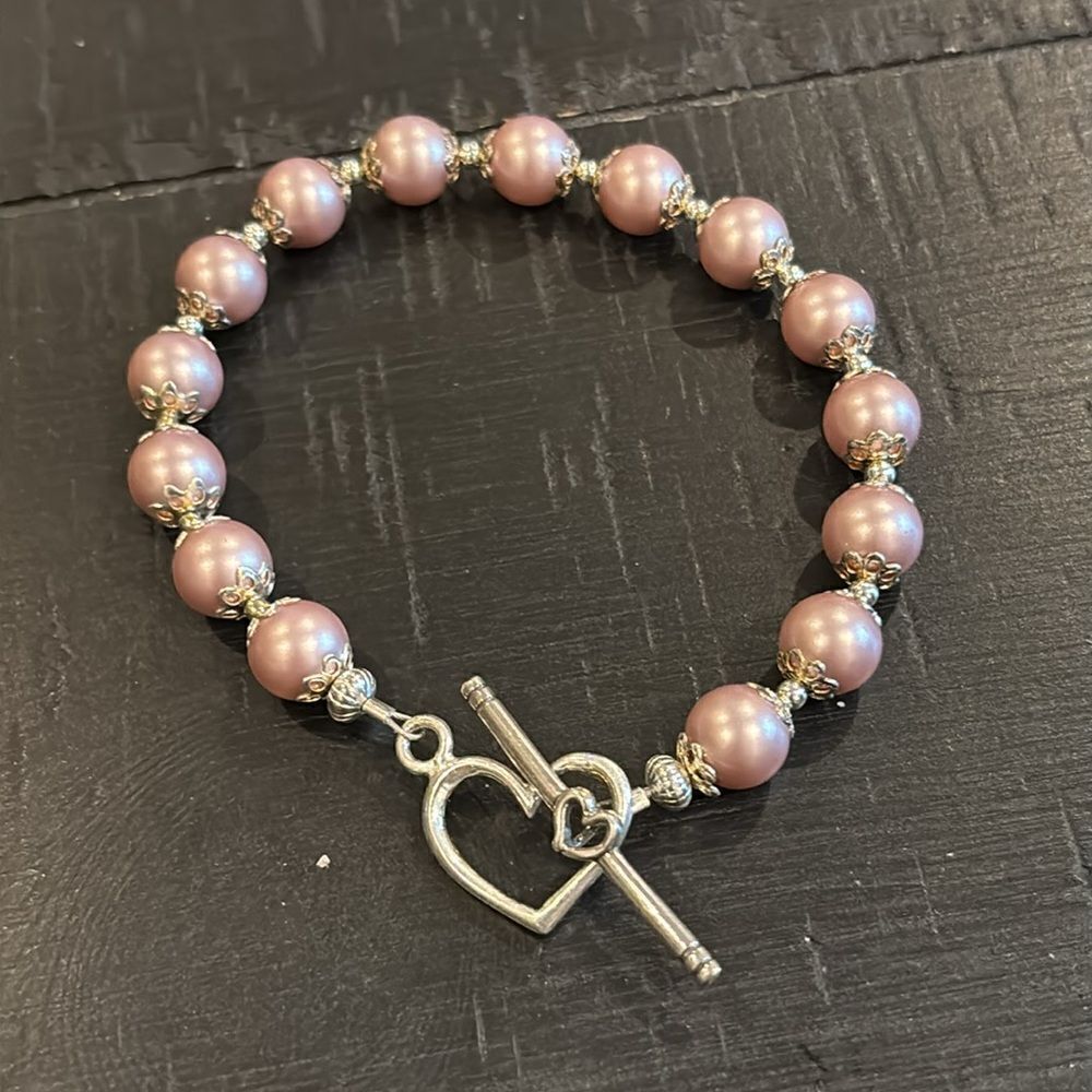 Vintage Dainty Pink Pearl Heart Toggle 925 Marked Bracelet